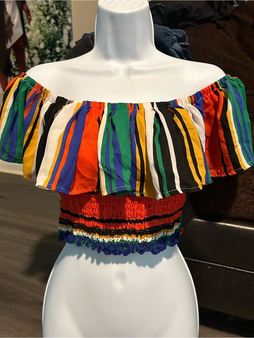 Striped Off-Shoulder Smocked Crop Top in Multicolor